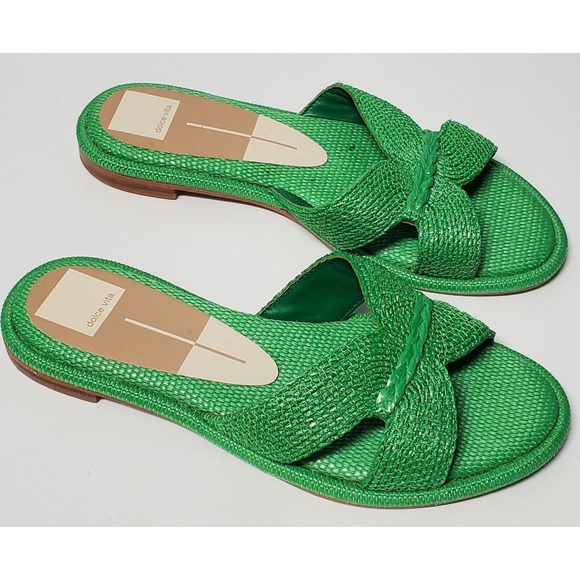 Dolce Vita Sandals Atomic in Green 8 Woven/Raffia Natural Fabric Slip-On Shoes - Picture 3 of 8